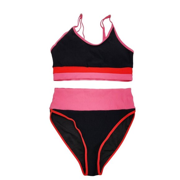 Womens Colorblock Bikini Set Size L  Black & Pink Swimsuit Adjustable - Picture 1 of 5